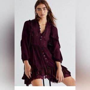 Free People One Dark Plum Boho Dress, Nwt Size Large
